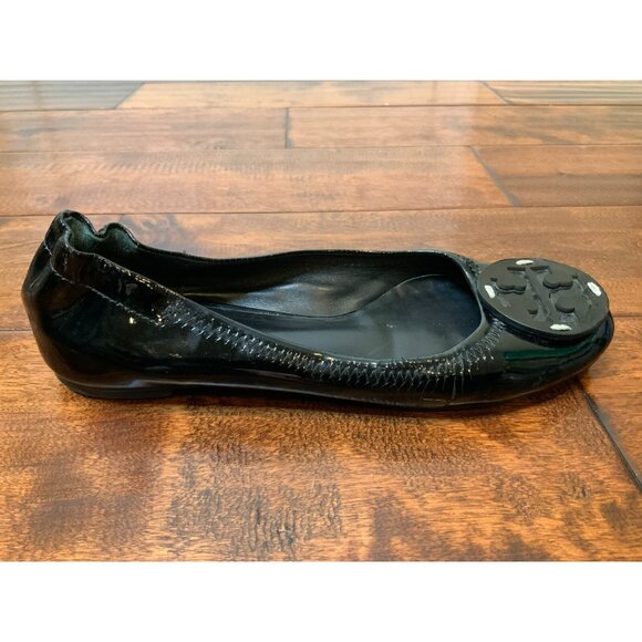 Tory Burch Black Patent Leather Logo Ballet Flats Size 5